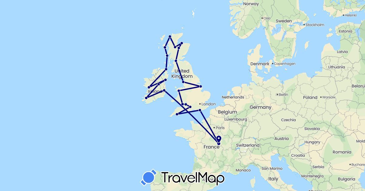 TravelMap itinerary: driving in France, United Kingdom, Ireland (Europe)
